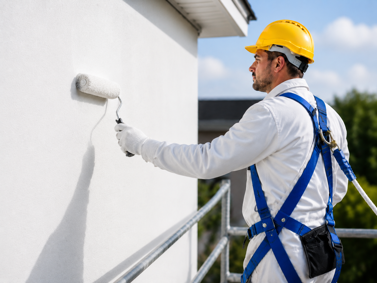 Pintor profissional a pintar uma parede com rolo